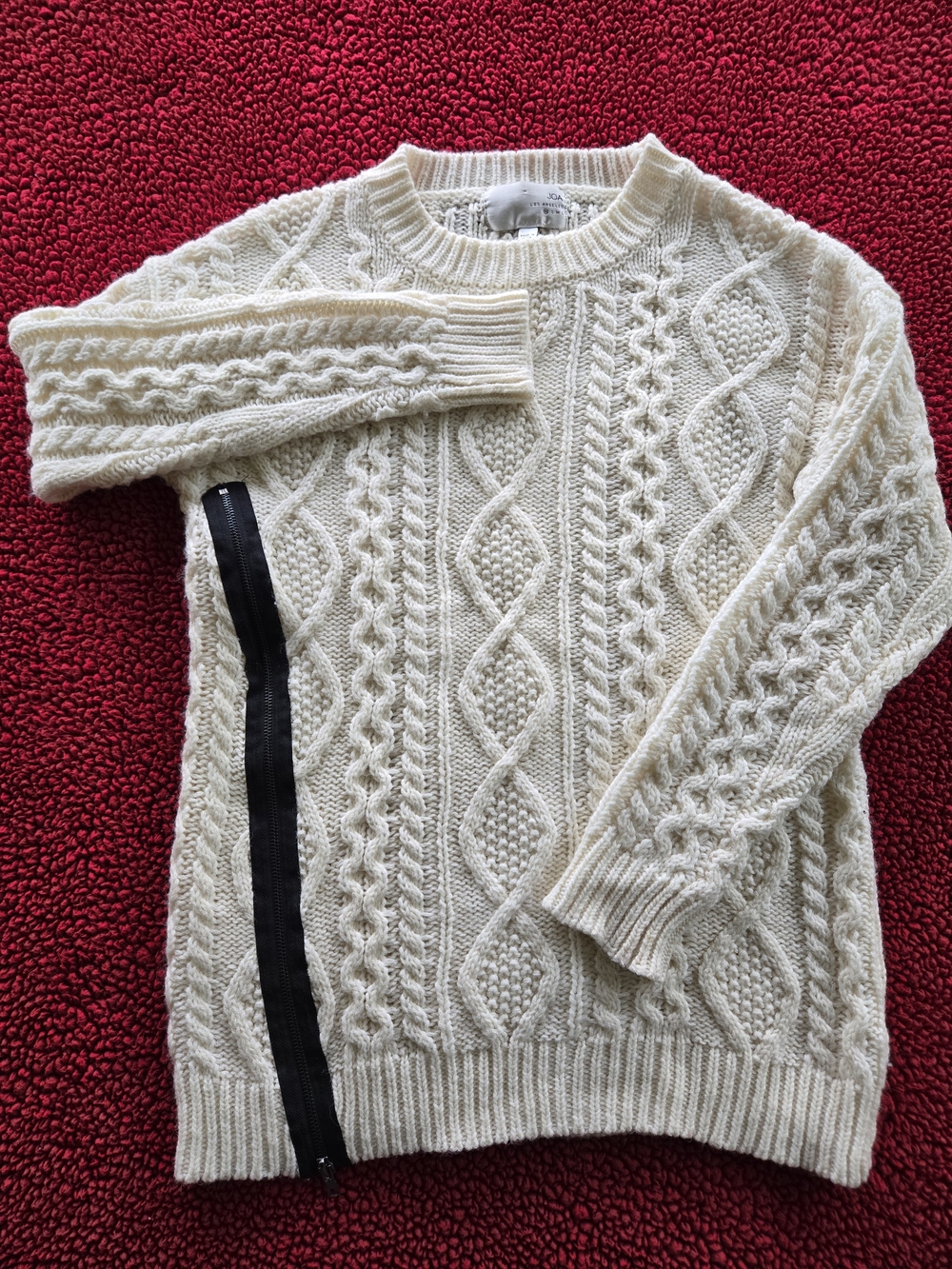 J.O.A. Ivory Cable Knit Sweater Crewneck Front Black Zip Accent Cream XS